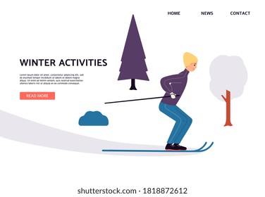 Active outdoor lifestyle in the winter season. Smiling man riding on skis. Skier cartoon character in nature or in the park. Vector flat illustration. Landing page template.