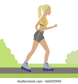 Active outdoor recreation. Girl on roller skates in the city park. Vector.