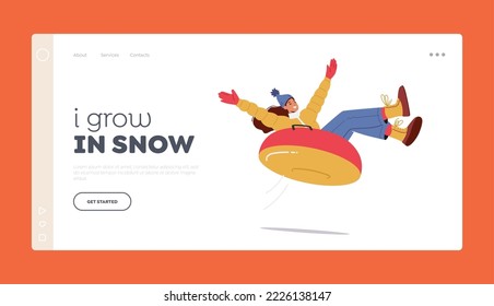 Active Outdoor Wintertime Fun Landing Page Template. Young Girl Sliding on Snow Tubing Having Fun On Winter Holidays. Happy Female Character Riding Sled Downhill. Cartoon People Vector Illustration