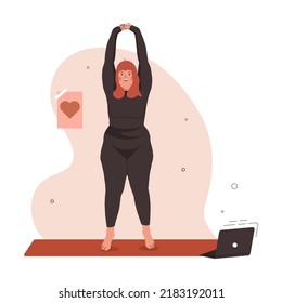 Active Overweight Woman doing Yoga. Concept of love for your Body and Body Positive and healthy lifestyle. Flat Vector illustration.