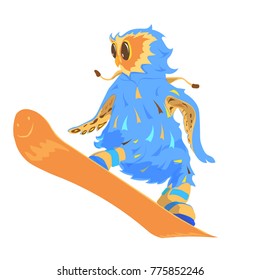 active owl rushes on a snowboard