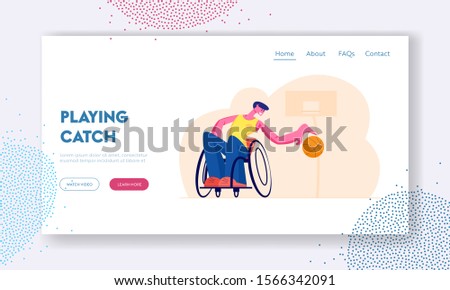 Active Paralyzed Man Training with Ball Website Landing Page. Athlete Playing Basketball, Disabled Male Character Rehabilitation, Recovery Exercise Web Page Banner. Cartoon Flat Vector Illustration