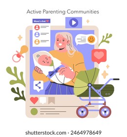 Active Parenting Communities illustration. A mother interacts online while tending to her baby, highlighting the blend of digital engagement and parenting. Vector illustration.