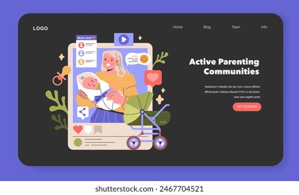 Active Parenting Communities illustration. A mother interacts online while tending to her baby, highlighting the blend of digital engagement and parenting. Vector illustration.