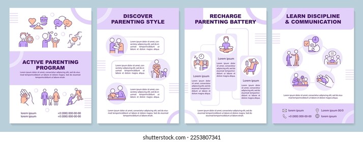 Active parenting program purple brochure template. Leaflet design with linear icons. Editable 4 vector layouts for presentation, annual reports. Arial-Black, Myriad Pro-Regular fonts used