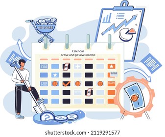Active and passive income calendar. Investment and business strategy planning. Man creates plan for earning money, making profit. Income payment schedule. Idea of financial growth and development