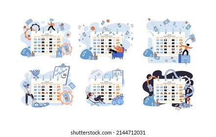 Active and passive income calendar. Investment and business strategy planning. Man creates plan for earning money, making profit. Income payment schedule. Idea of financial growth and development