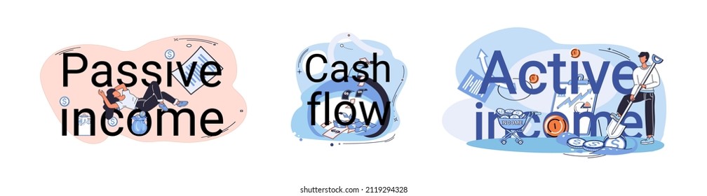 Concepto de ingresos activos y pasivos. Idea de crecimiento y desarrollo financiero con inversiones, intereses sobre depósitos, dividendos. Ilustraciones de metáforas sobre ganancias, beneficios, efectivo y flujos de dinero