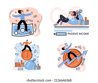 Active and passive income concept. Idea of financial growth and development with investments, interest on deposits, dividends. Metaphor illustrations about earnings, profit, cash and money flow