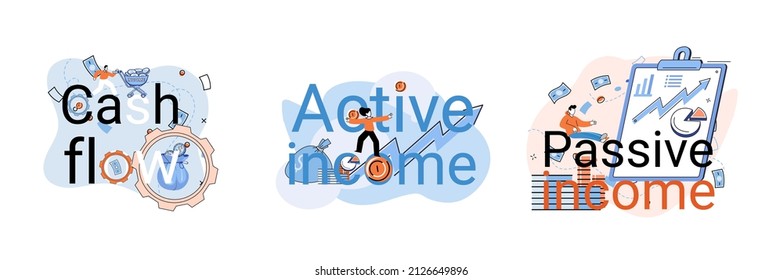 Active and passive income concept. Idea of financial growth and development with investments, interest on deposits, dividends. Metaphor illustrations about earnings, profit, cash and money flow
