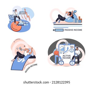 Active and passive income concept. Idea of financial growth and development with investments, interest on deposits, dividends. Metaphor illustrations about earnings, profit, cash and money flow