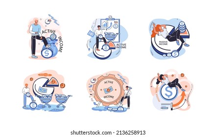 Active and passive income concept. Idea of financial growth and development with investments, interest on deposits, dividends. Metaphor illustrations about earnings, profit, cash and money flow