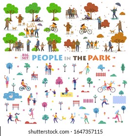 Active pastime on nature at park. Various people at spring and autumn park performing leisure outdoor activities. Walking with dog. Cartoon vector illustration. Relaxing in nature together, community