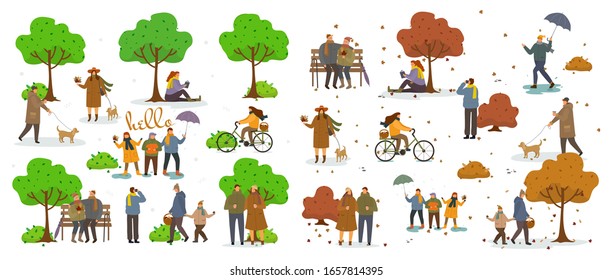 Active pastime on nature at park. Various people at spring and autumn park performing leisure outdoor activities. Walking with dog. Cartoon vector illustration. Relaxing in nature together, community