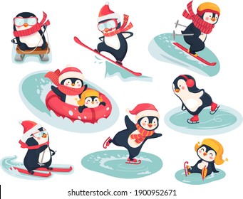 Active penguins in winter. Winter sports on holidays flat illustration