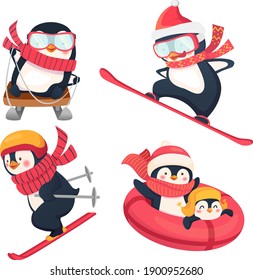 Active penguins in winter. Winter sports on holidays flat illustration