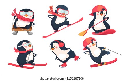 Active penguins in winter and summer vector illustration set