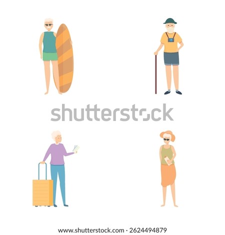 Active pensioner icons set cartoon vector. Old people active healthy lifestyle. Hobby, pastime