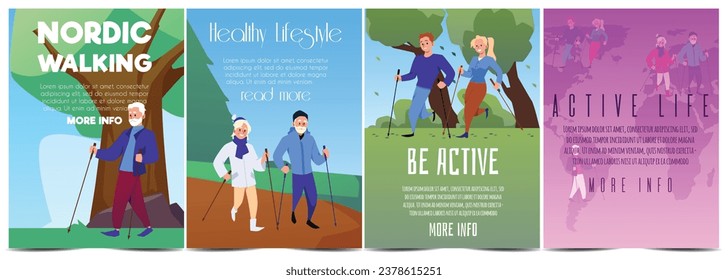 Active pensioners couple and young people performing nordic walking with sticks in natural scenery. Outdoor sport activity. Healthy lifestyle vector posters set. Positive persons enjoy wellness hiking