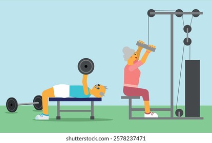 Active pensioners work out at the gym with dumbbells and back pull.  Healthy and happpy seniors. Vector Illustration