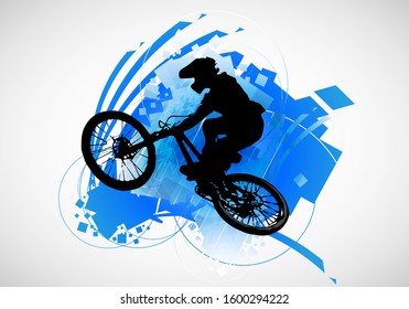 Active people. BMX rider in abstract sport landscape background, vector.