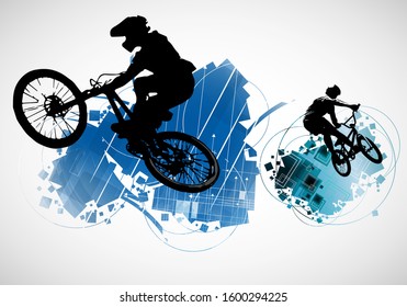 Active people. BMX rider in abstract sport landscape background, vector.