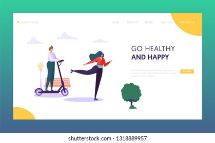 Active People Character in Park Landing Page. Healthy Lifestyle Concept. Man Riding Electric Scooter, Woman Roller Skate Outdoor Website or Web Page. Flat Cartoon Vector Illustration