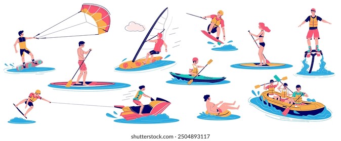 Active people characters enjoying water sport activity and entertainment