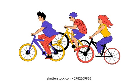 Active people characters outdoors on bikes cycling. Fit and active bicycle lifestyles vector illustration.