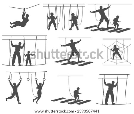 Active people characters at rope park entertainment balck-and-white silhouette isolated set. Children, parent and kids, adults, friends having fun attraction outdoor adventure vector illustration