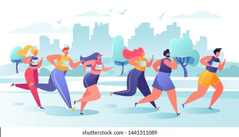 Active people characters running marathon distance. Healthy lifestyle concept, summer outdoor. Athlete, sprinter-sportsmen and sportswomen run marathon, sprint race. Flat, cartoon, trendy, vector EPS.