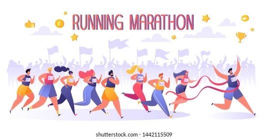 Active people characters running marathon distance. Healthy lifestyle concept, summer outdoor. Athlete, sprinter-sportsmen and sportswomen run marathon, sprint race. Flat, cartoon, trendy, vector EPS.