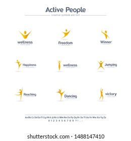 Active people creative symbols set, font concept. Winner, happy human, freedom abstract business logo. Dancing man, wellness, sport icon. Corporate identity alphabet, logotype, company graphic design