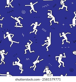 Active people dance party dudes characters seamless pattern, vector background