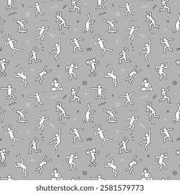 Active people dance party dudes characters seamless pattern, vector background