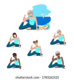 Active people do yoga in nature. Healthy lifestyle.Turquoise color. Flat vector illustration of sports people on a white background.