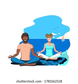 Active people do yoga in nature. Healthy lifestyle.Turquoise color. Flat vector illustration of sports people on a white background.