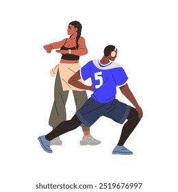 Active people does sport together. Athletes warmup before jogging. Couple of joggers, runners stretches for running training, workout outdoors. Flat isolated vector illustration on white background