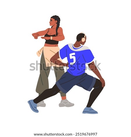 Active people does sport together. Athletes warmup before jogging. Couple of joggers, runners stretches for running training, workout outdoors. Flat isolated vector illustration on white background