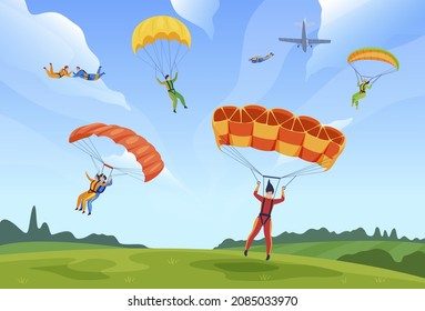 Active people enjoying skydiving at summer landscape vector flat illustration. Man and woman skydivers extreme sport hobby sky jumpers with parachutes, paratroopers adrenaline. Air adventure