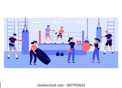 Active people exercising in fight club, training with punching bags, turning huge tire, fighting on ring. Vector illustration for fight club, gym, boxers training concept