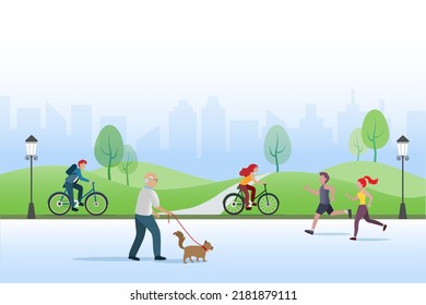 Active people exercising at public park, jogging, cycling and walking with dog. Healthy lifestyle, outdoor  leisure.