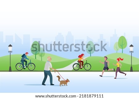 Active people exercising at public park, jogging, cycling and walking with dog. Healthy lifestyle, outdoor  leisure.
