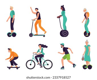 Active people healthy lifestyle. Eco friendly transport, people of different age riding modern vehicles as scooter, bicycle, skateboard and hoverboard. Alternative electric technology vector set