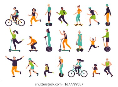 Active people. Healthy lifestyle, outdoor activities, running and jogging. Bike riding, skateboarding, rollerblading vector illustration set. Scooter electric, bicycle skateboard, run and hoverboard