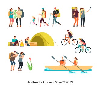 Active people hikers. Cartoon travelling family outdoor. Hiking and trekking tourists vector characters isolated. Illustration of family travel, trekking and adventure