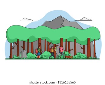 Active people hikers. Cartoon travelling group outdoor. Hiking and trekking tourists vector characters isolated. vector illustration in flat cartoon style. - Vector