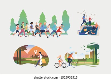 Active people illustration collection. People running marathon, hiking, enjoying picnic, riding bikes in city. Activity concept. Vector illustration for posters, banners, flyers