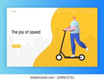Active people landing page template. Happy man character riding electric scooter, healthy lifestyle concept for website or web page. Easy edit. Vector illustration