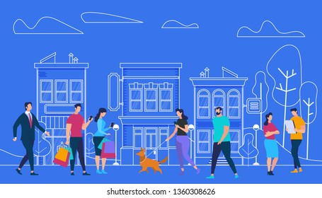 Active People Lifestyle. Men and Woman Walking, Meeting Friends, Using Gadgets, Walk with Dogs, Talking, Relaxing on Blue Background with Outline City View and Houses. Cartoon Flat Vector Illustration